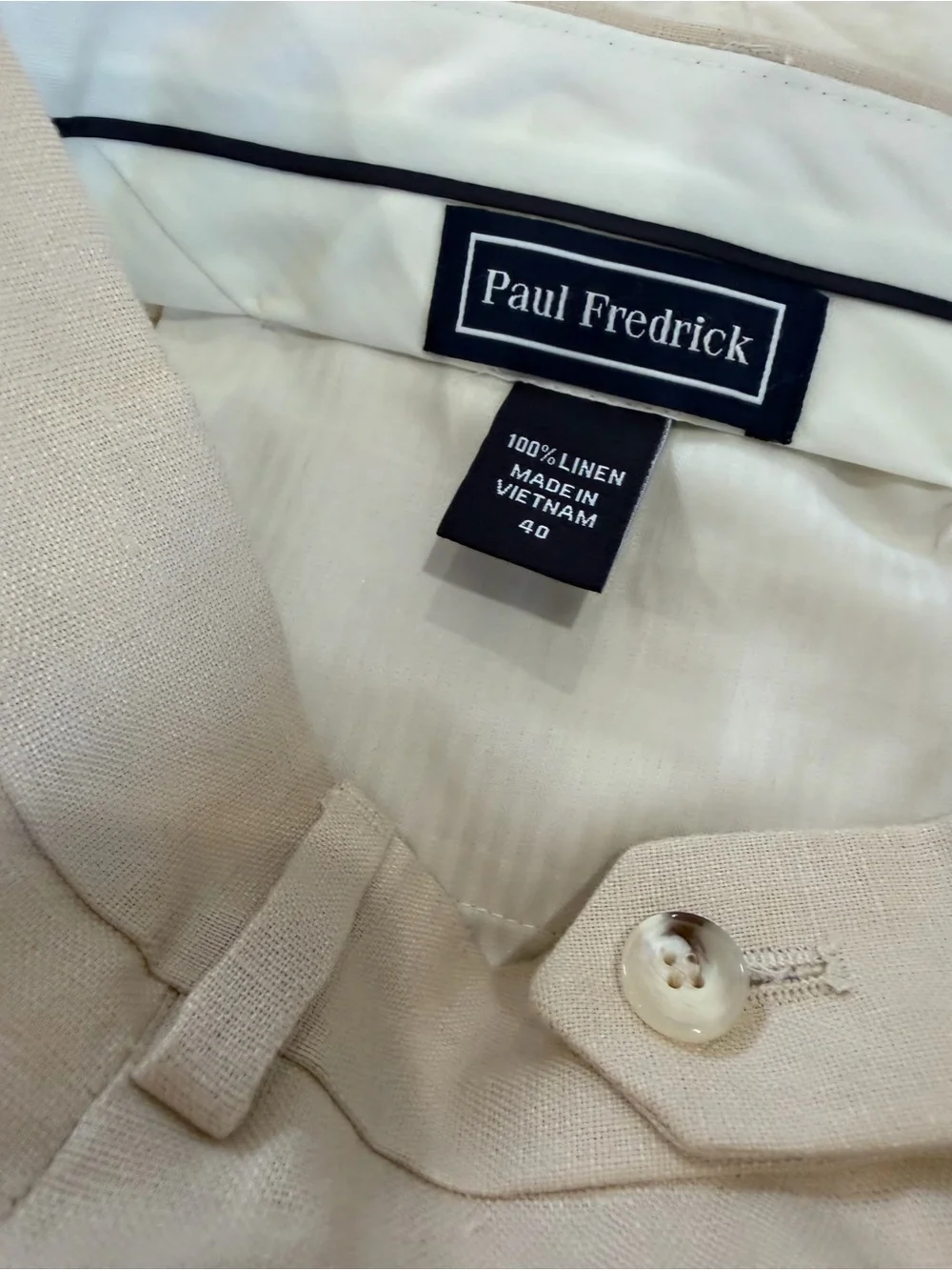 Paul Fredrick Men’s 100% Linen Pleated Dress Pants Ivory Classic Fit 40 Cuff Hem